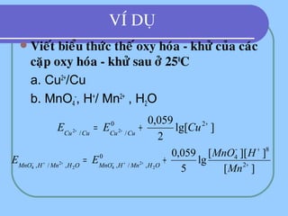 VÍ DUÏ
 Vieát bieåu thöùc theá oxy hoùa - khöû cuûa caùc
caëp oxy hoùa - khöû sau ôû 250
C
a. Cu2+
/Cu
b. MnO4
-
, H+
/ Mn2+
, H2O
]lg[
2
059,0 20
// 22
+
+= ++ CuEE CuCuCuCu
][
]][[
lg
5
059,0
2
8
40
,/,,/, 2
2
42
2
4 +
+−
+= ++−++−
Mn
HMnO
EE OHMnHMnOOHMnHMnO
 