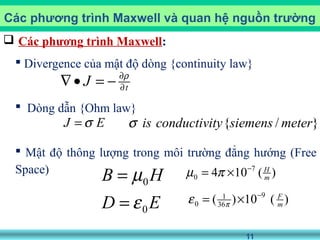 11
 Các phương trình Maxwell:
 Divergence của mật độ dòng {continuity law}
 Dòng dẫn {Ohm law}
 Mật độ thông lượng trong môi trường đẳng hướng (Free
Space)
Các phương trình Maxwell và quan hệ nguồn trường
t
J ∂
∂
−=•∇ ρ
HB 0µ=
EJ σ= }/{ metersiemenstyconductiviisσ
ED 0ε=
)(104 7
0 m
H−
×= πµ
)(10)( 9
36
1
0 m
F−
×= πε
 
