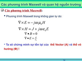 12
 Các phương trình Maxwell:
 Phương trình Maxwell trong không gian tự do:
 Ta sẽ chứng minh sự tồn tại của thế Vector (A) và thế vô
hướng (Φ) !
Các phương trình Maxwell và quan hệ nguồn trường
HjE 0µω−=×∇
EjJH 0εω+=×∇
0=•∇ B
0ε
ρ
=•∇ E
 