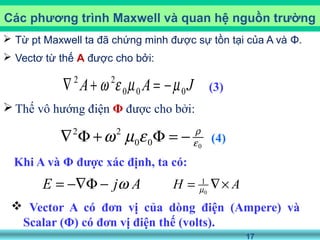 17
Các phương trình Maxwell và quan hệ nguồn trường
(4)
000
22
ε
ρ
εµω −=Φ+Φ∇
JAA 000
22
µµεω −=+∇ (3)
 Từ pt Maxwell ta đã chứng minh được sự tồn tại của A và Φ.
 Vectơ từ thế A được cho bởi:
 Thế vô hướng điện Φ được cho bởi:
Khi A và Φ được xác định, ta có:
AjE ω−Φ−∇= AH ×∇= 0
1
µ
 Vector A có đơn vị của dòng điện (Ampere) và
Scalar (Φ) có đơn vị điện thế (volts).
 