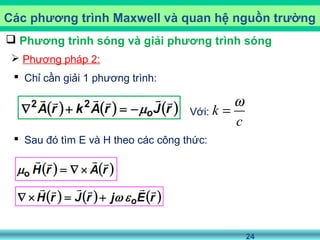 24
Các phương trình Maxwell và quan hệ nguồn trường
 Phương pháp 2:
 Phương trình sóng và giải phương trình sóng
 Chỉ cần giải 1 phương trình:
k
c
ω
=Với:
 Sau đó tìm E và H theo các công thức:
 