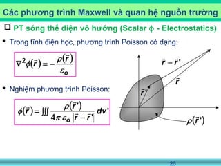 25
 Trong tĩnh điện học, phương trình Poisson có dạng:
 Nghiệm phương trình Poisson:
Các phương trình Maxwell và quan hệ nguồn trường
 PT sóng thế điện vô hướng (Scalar - Electrostatics)ϕ
 