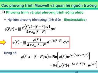 31
Các phương trình Maxwell và quan hệ nguồn trường
 Phương trình và giải phương trình sóng phức
 Nghiệm phương trình sóng (tĩnh điện - Electrostatics):
Trong đó:
 