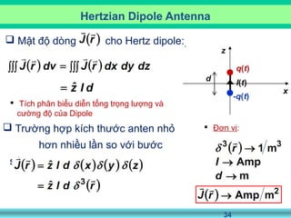 34
Hertzian Dipole Antenna
 Mật độ dòng cho Hertz dipole:
 Trường hợp kích thước anten nhỏ
hơn nhiều lần so với bước
sóng:
 Tích phân biểu diễn tổng trọng lượng và
cường độ của Dipole
 Đơn vị:
 