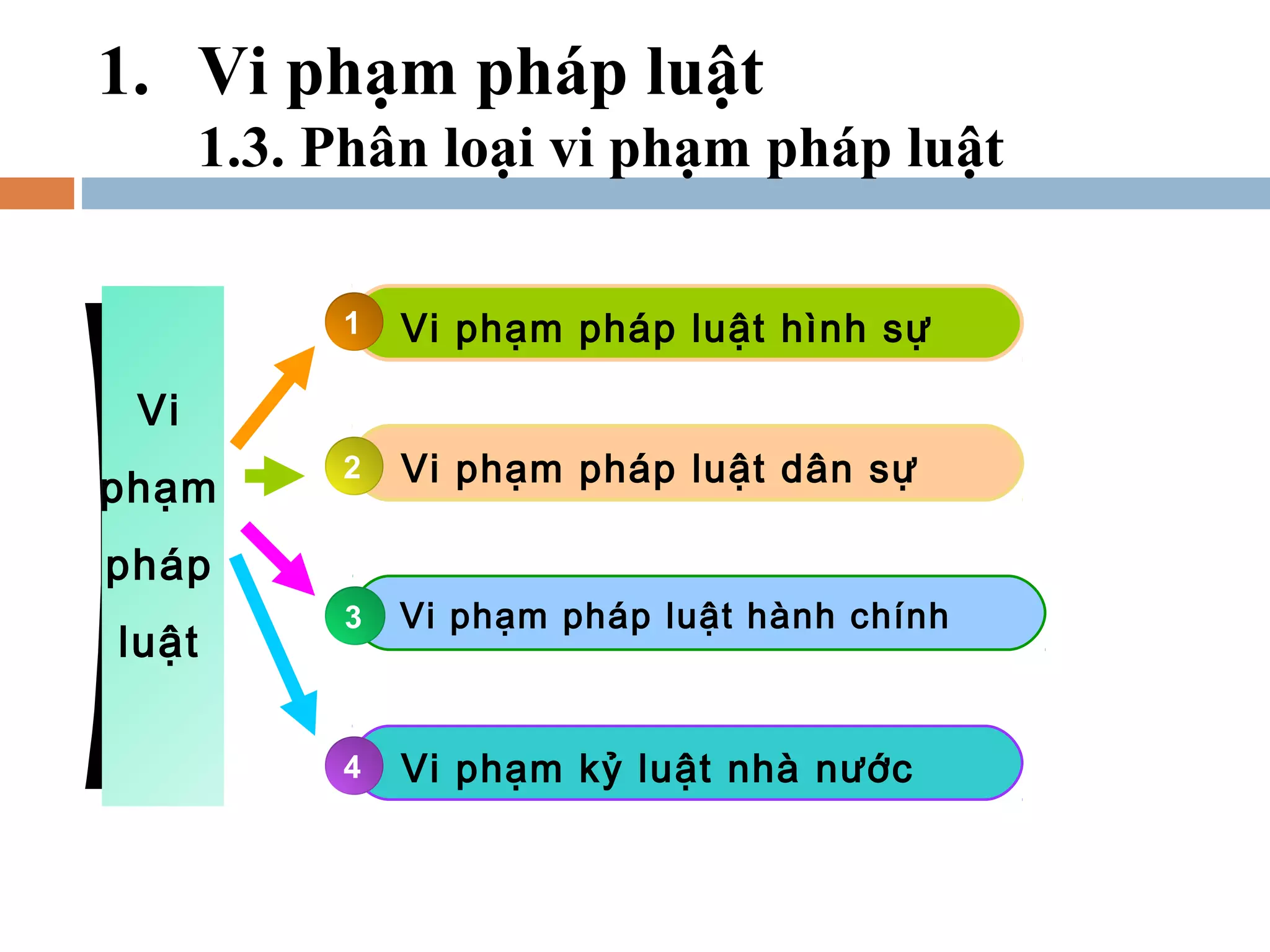 1. Vi phạm pháp luật
       1.3. Phân loại vi phạm pháp luật

            1   Vi phạm pháp luật hình sự

 Vi
            2   Vi phạm pháp luật dân sự
phạm
pháp
            3   Vi phạm pháp luật hành chính
luật

            4   Vi phạm kỷ luật nhà nước
 
