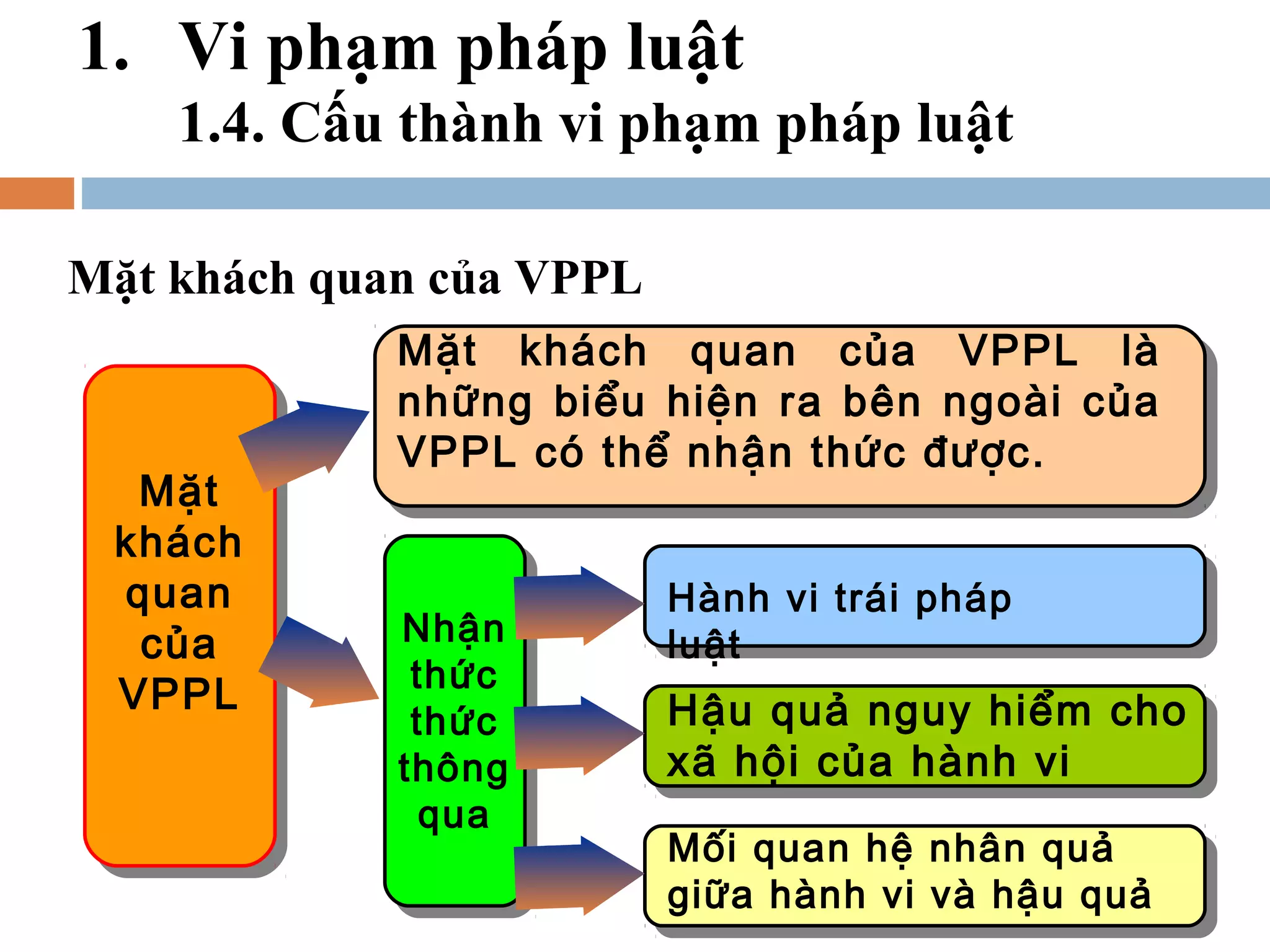 1. Vi phạm pháp luật
    1.4. Cấu thành vi phạm pháp luật

Mặt khách quan của VPPL
             Mặt khách quan của VPPL là
             những biểu hiện ra bên ngoài của
             VPPL có thể nhận thức được.
  Mặt
 khách
 quan                     Hành vi trái pháp
  của        Nhận         luật
              thức
 VPPL                     Hậu quả nguy hiểm cho
              thức
             thông        xã hội của hành vi
               qua
                          Mối quan hệ nhân quả
                          giữa hành vi và hậu quả
 