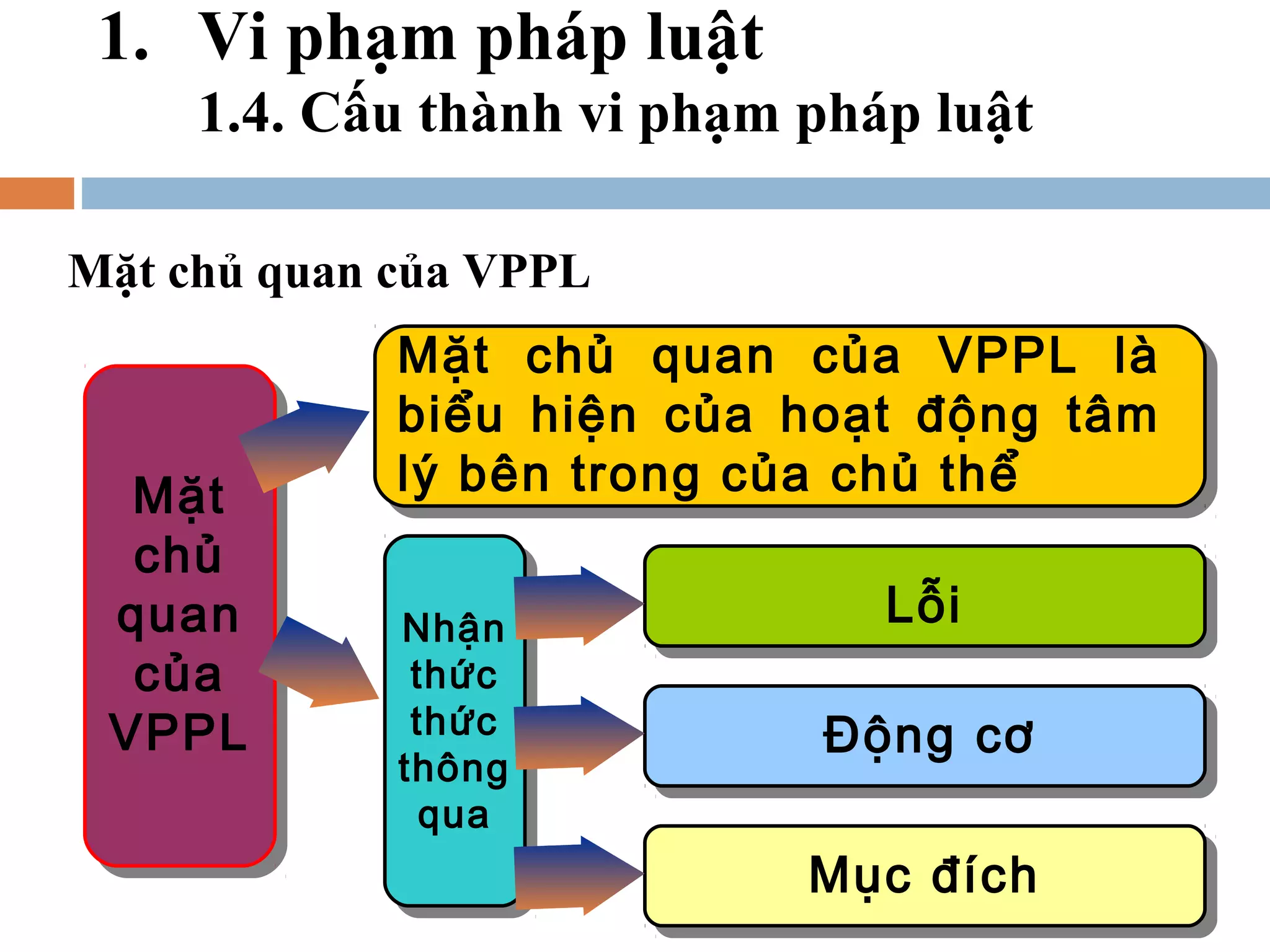 1. Vi phạm pháp luật
     1.4. Cấu thành vi phạm pháp luật

Mặt chủ quan của VPPL
             Mặt chủ quan của VPPL là
             biểu hiện của hoạt động tâm
  Mặt        lý bên trong của chủ thể
  chủ
 quan        Nhận              Lỗi
  của         thức
 VPPL         thức          Động cơ
             thông
               qua
                            Mục đích
 