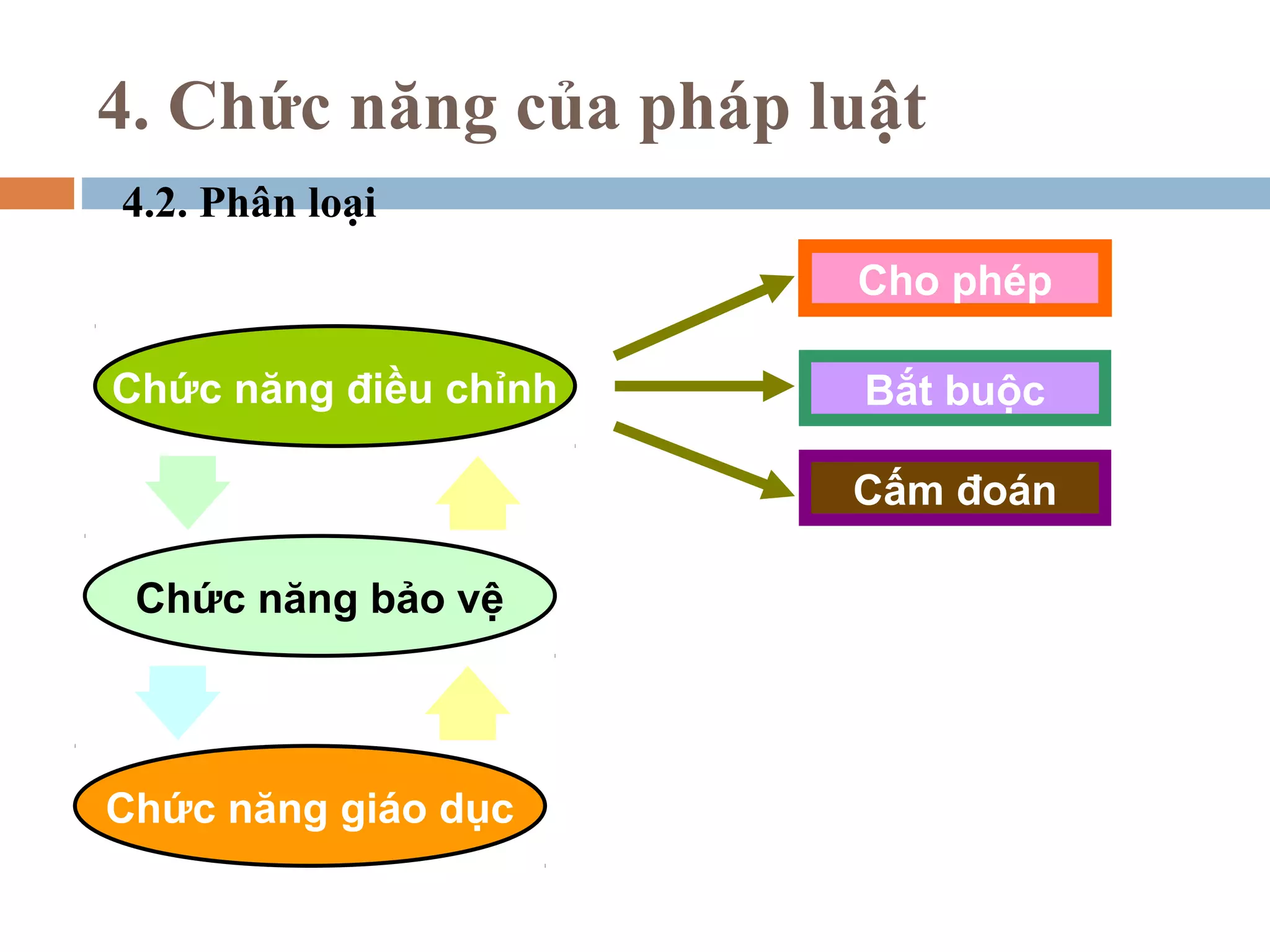 4. Chức năng của pháp luật
4.2. Phân loại
                       Cho phép

Chức năng điều chỉnh    Bắt buộc

                       Cấm đoán

 Chức năng bảo vệ



Chức năng giáo dục
 