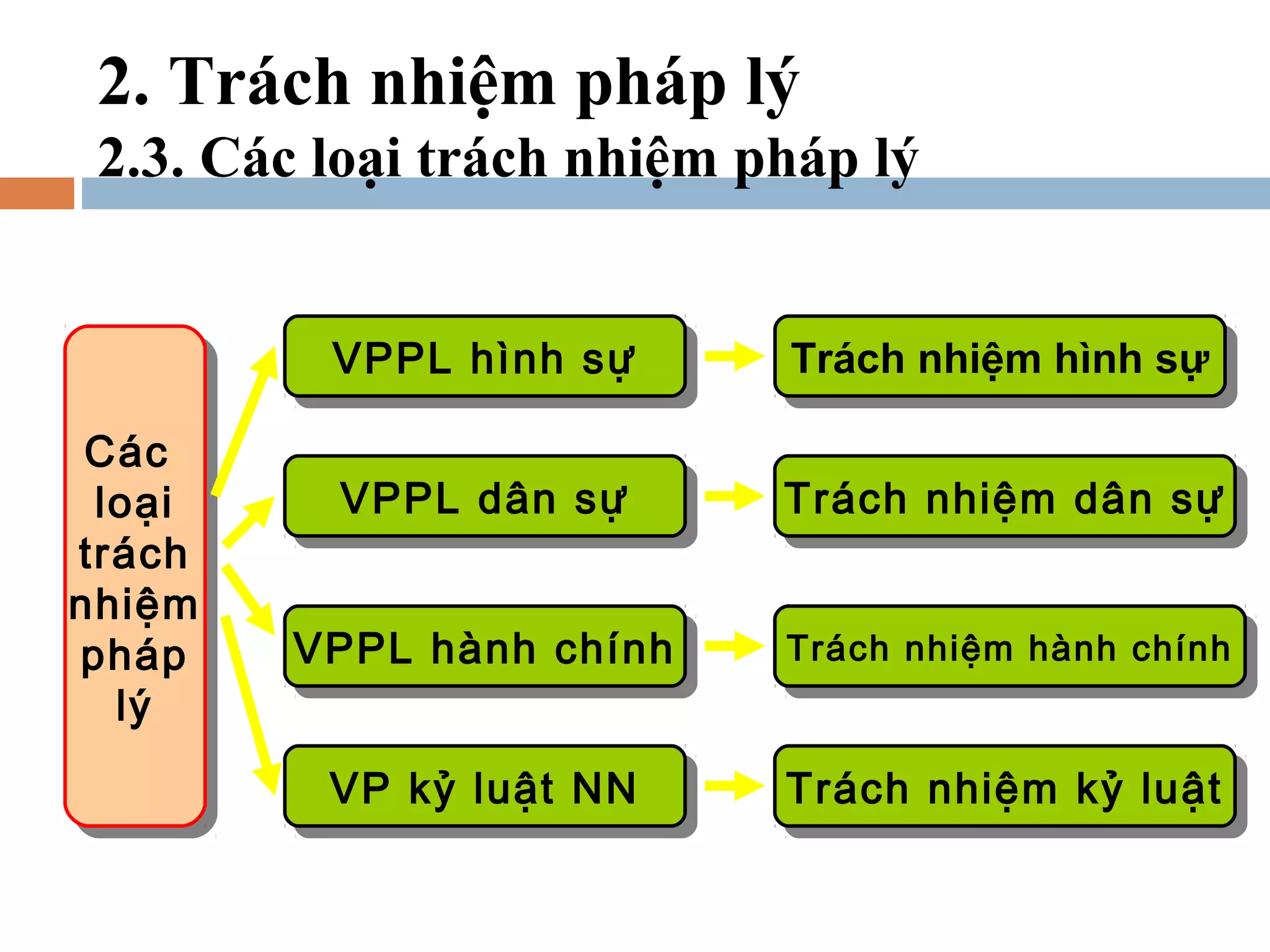 2. Trách nhiệm pháp lý
 2.3. Các loại trách nhiệm pháp lý


          VPPL hình sự
          VPPL hình sự      Trách nhiệm hình sự
                            Trách nhiệm hình sự
 Các
 Các
 loại
  loại    VPPL dân sự
          VPPL dân sự       Trách nhiệm dân sự
                            Trách nhiệm dân sự
trách
 trách
nhiệm
nhiệm
pháp
 pháp    VPPL hành chính
         VPPL hành chính    Trách nhiệm hành chính
                            Trách nhiệm hành chính
   lý
    lý
          VP kỷ luật NN
          VP kỷ luật NN     Trách nhiệm kỷ luật
                            Trách nhiệm kỷ luật
 