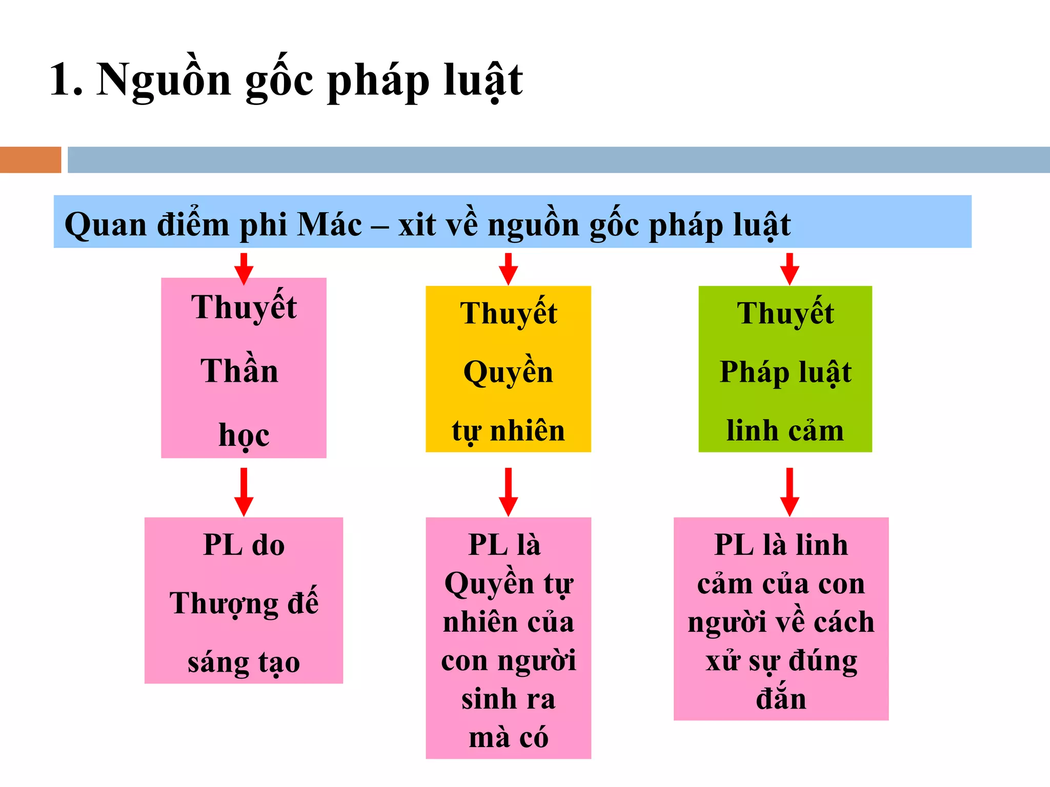 1. Nguồn gốc pháp luật

Quan điểm phi Mác – xit về nguồn gốc pháp luật

       Thuyết            Thuyết           Thuyết
        Thần             Quyền           Pháp luật
         học            tự nhiên         linh cảm


        PL do            PL là            PL là linh
                       Quyền tự         cảm của con
      Thượng đế
                       nhiên của       người về cách
       sáng tạo        con người         xử sự đúng
                        sinh ra              đắn
                         mà có
 
