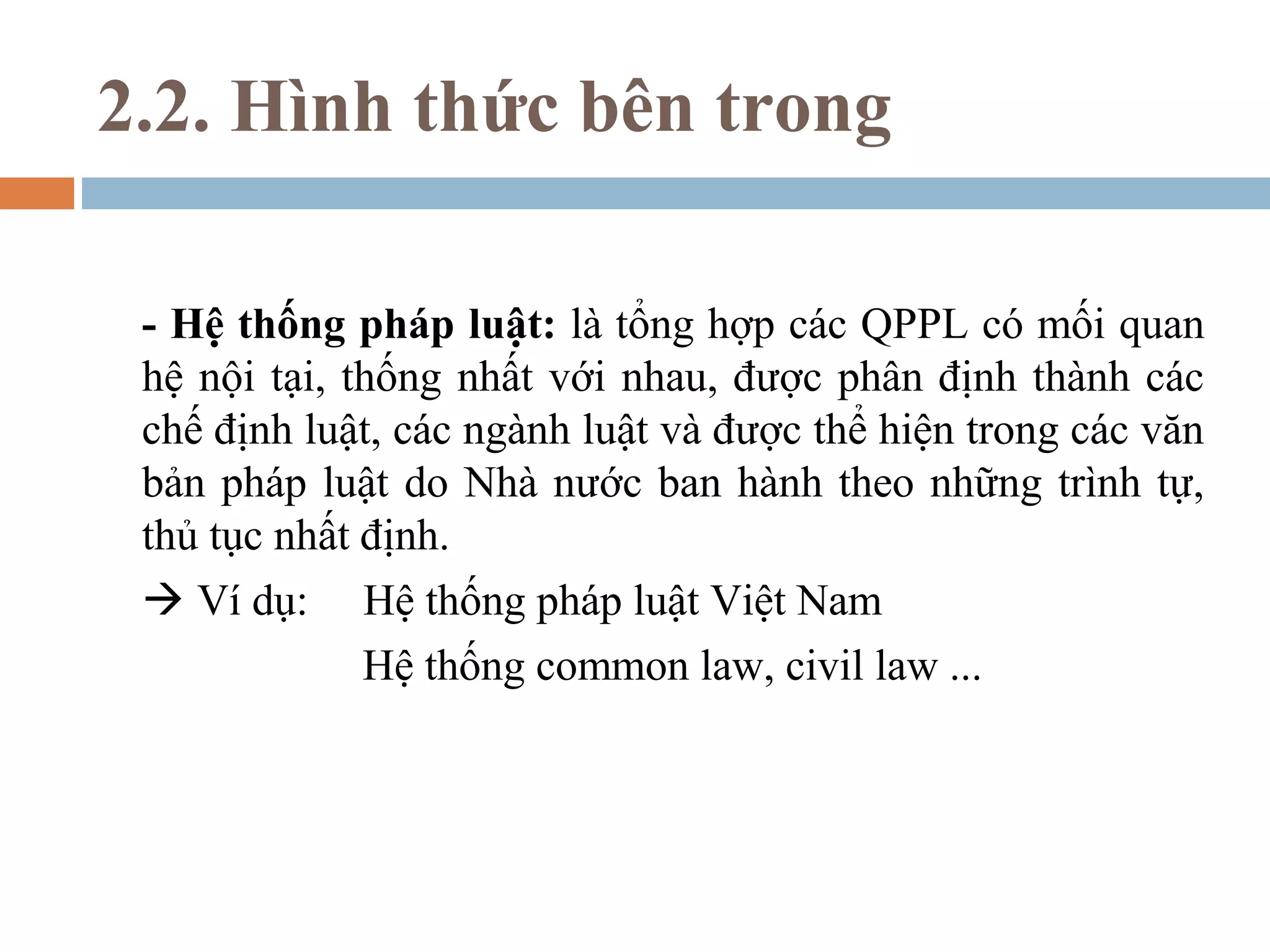 2.2. Hình thức bên trong

 - Hệ thống pháp luật: là tổng hợp các QPPL có mối quan
 hệ nội tại, thống nhất với nhau, được phân định thành các
 chế định luật, các ngành luật và được thể hiện trong các văn
 bản pháp luật do Nhà nước ban hành theo những trình tự,
 thủ tục nhất định.
  Ví dụ: Hệ thống pháp luật Việt Nam
              Hệ thống common law, civil law ...
 