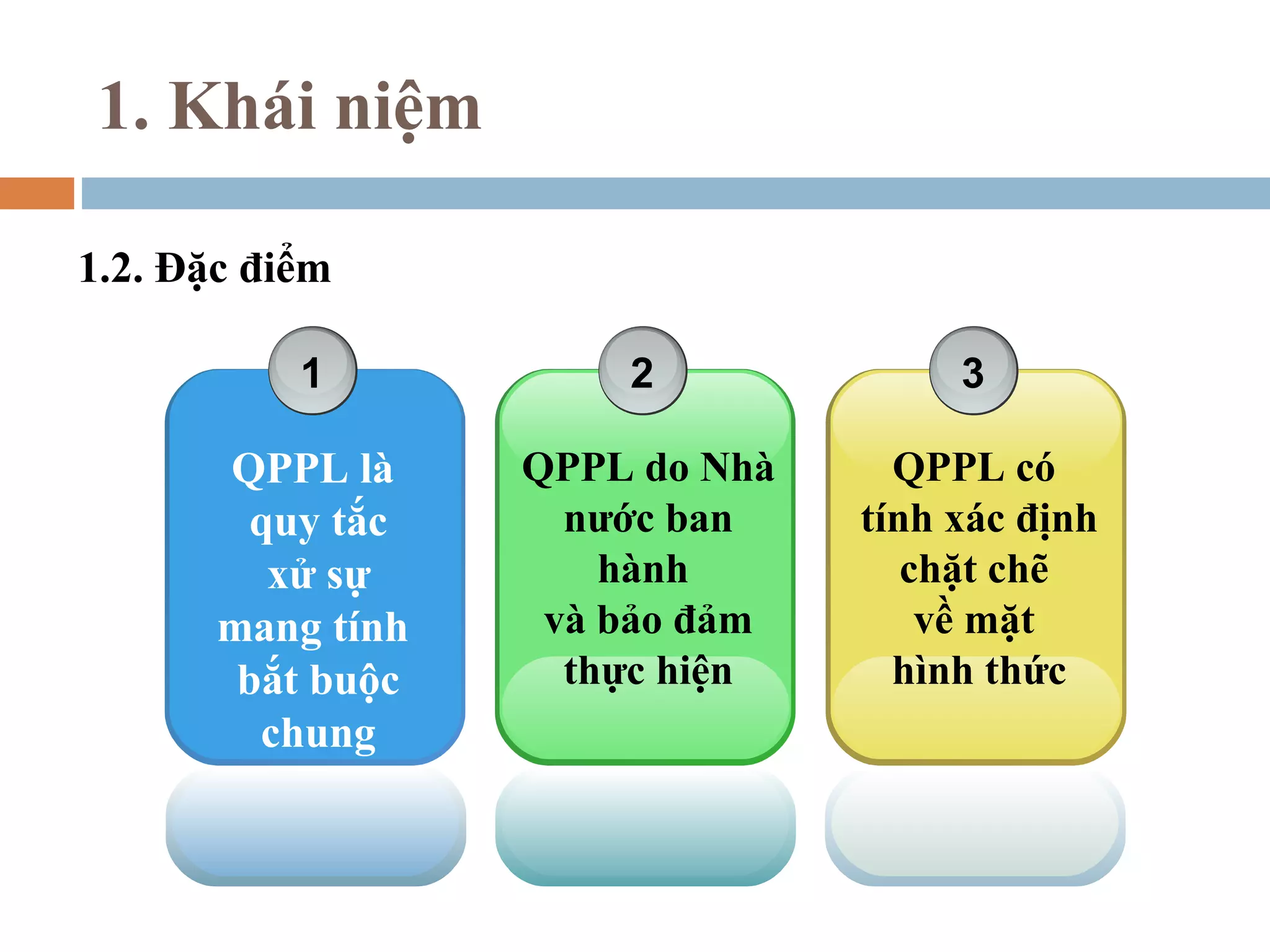 1. Khái niệm

1.2. Đặc điểm

           1           2              3

       QPPL là     QPPL do Nhà     QPPL có
         quy tắc     nước ban    tính xác định
          xử sự        hành         chặt chẽ
       mang tính    và bảo đảm       về mặt
        bắt buộc     thực hiện     hình thức
         chung
 