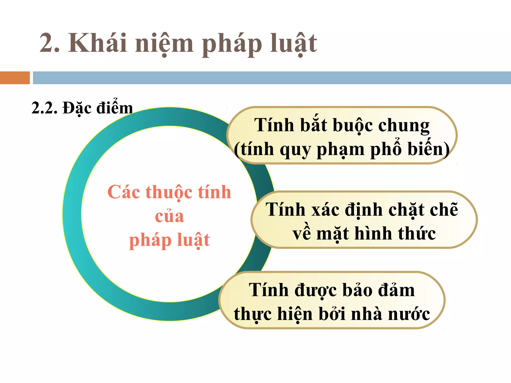 2. Khái niệm pháp luật

2.2. Đặc điểm
                             Tính bắt buộc chung
                          (tính quy phạm phổ biến)

         Các thuộc tính
              của            Tính xác định chặt chẽ
           pháp luật            về mặt hình thức

                            Tính được bảo đảm
                          thực hiện bởi nhà nước
 