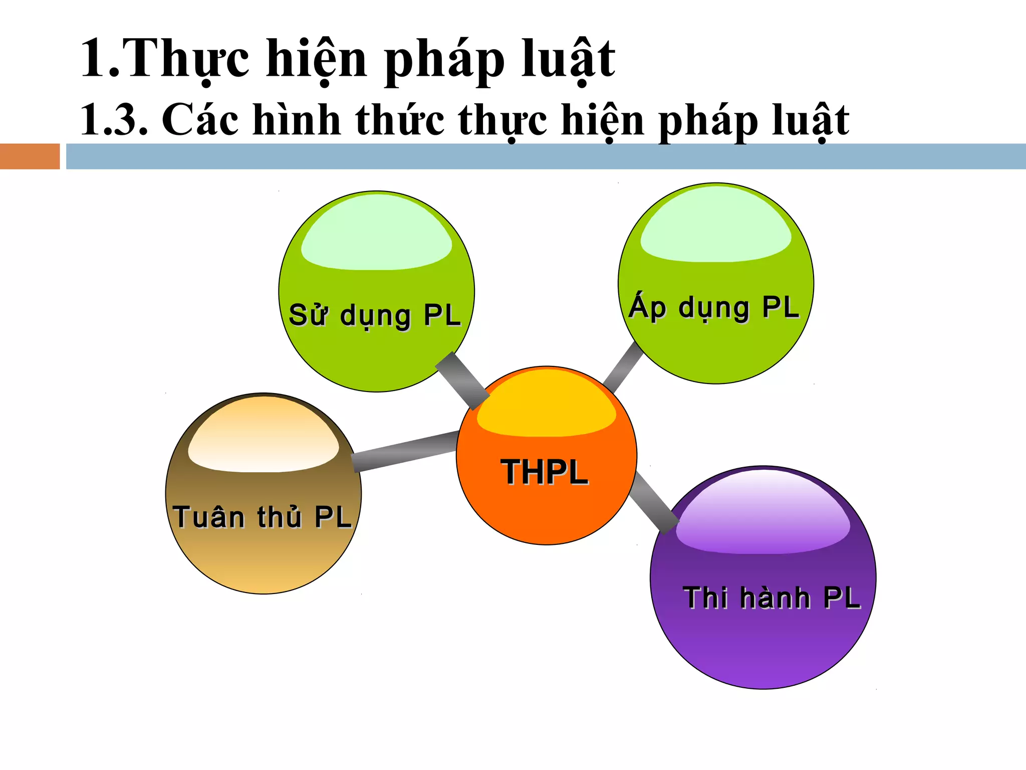 1.Thực hiện pháp luật
1.3. Các hình thức thực hiện pháp luật



           Sử dụng PL          Áp dụng PL




                        THPL
    Tuân thủ PL

                                  Thi hành PL
 