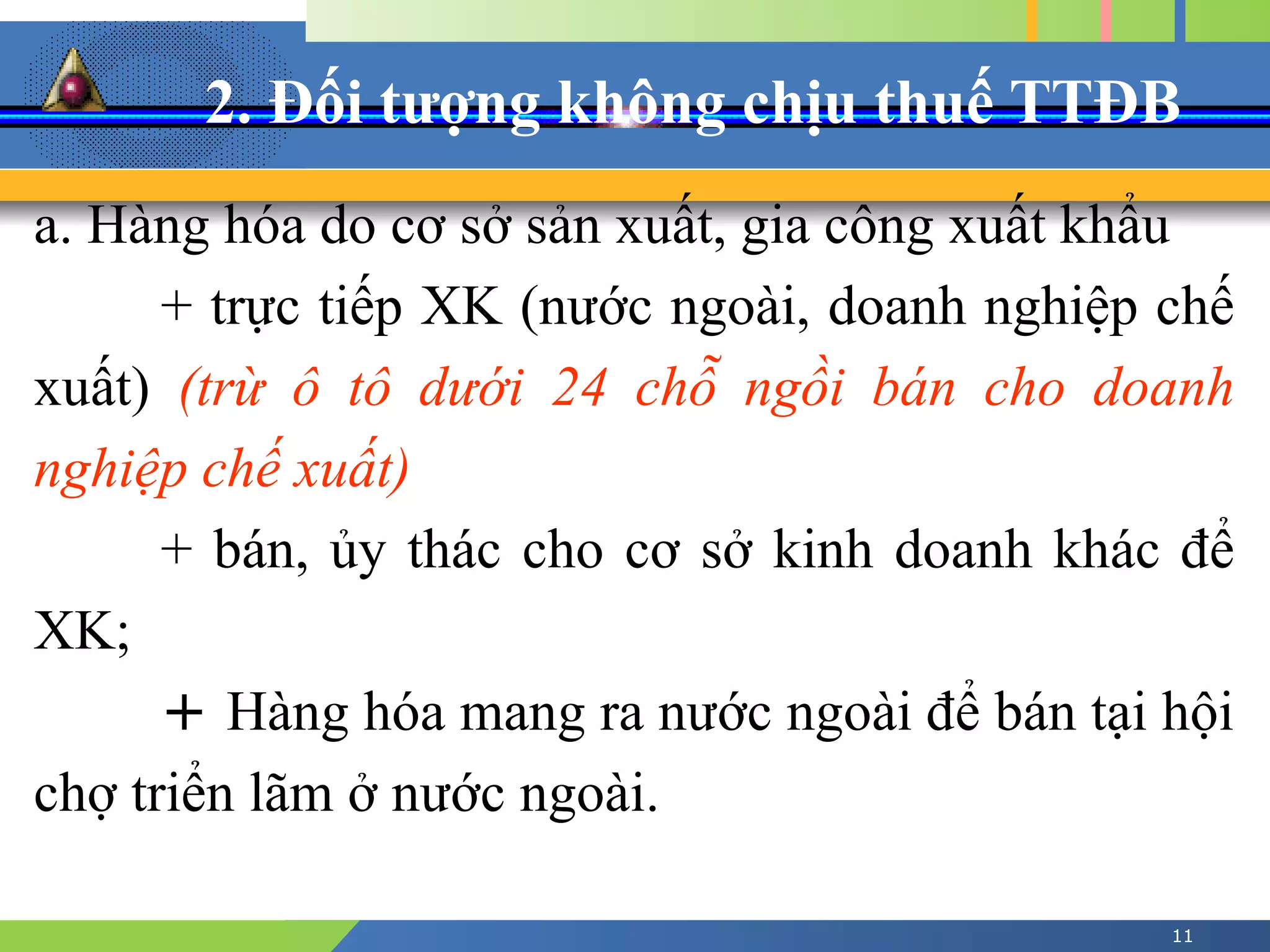 2. Đối tượng không chịu thuế TTĐB
11
a. Hàng hóa do cơ sở sản xuất, gia công xuất khẩu
+ trực tiếp XK (nước ngoài, doanh nghiệp chế
xuất) (trừ ô tô dưới 24 chỗ ngồi bán cho doanh
nghiệp chế xuất)
+ bán, ủy thác cho cơ sở kinh doanh khác để
XK;
+ Hàng hóa mang ra nước ngoài để bán tại hội
chợ triển lãm ở nước ngoài.
 