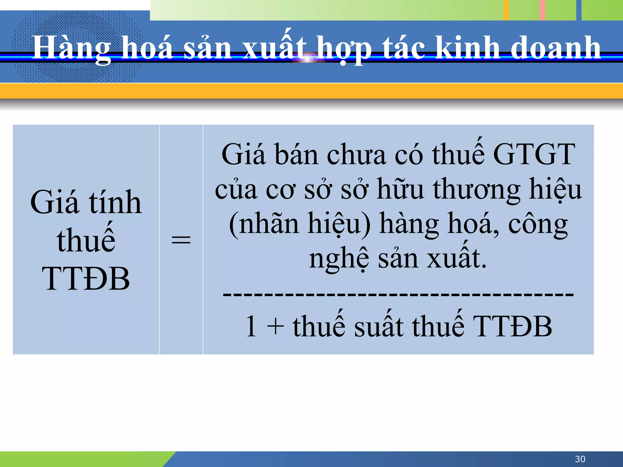 Hàng hoá sản xuất hợp tác kinh doanh
30
Giá tính
thuế
TTĐB
=
Giá bán chưa có thuế GTGT
của cơ sở sở hữu thương hiệu
(nhãn hiệu) hàng hoá, công
nghệ sản xuất.
----------------------------------
1 + thuế suất thuế TTĐB
 