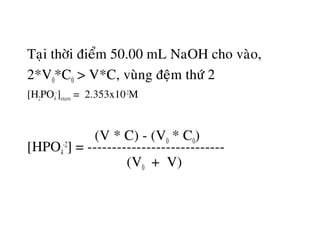 Taïi thôøi ñieåm 50.00 mL NaOH cho vaøo,
2*V0*C0 > V*C, vuøng ñeäm thöù 2
[H2PO4
-
]excess = 2.353x10-2
M
(V * C) - (V0 * C0)
[HPO4
-2
] = ----------------------------
(V0 + V)
 