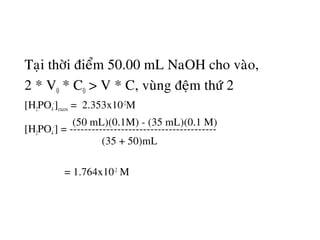 Taïi thôøi ñieåm 50.00 mL NaOH cho vaøo,
2 * V0 * C0 > V * C, vuøng ñeäm thöù 2
[H2PO4
-
]excess = 2.353x10-2
M
(50 mL)(0.1M) - (35 mL)(0.1 M)
[H2PO4
-
] = ----------------------------------------
(35 + 50)mL
= 1.764x10-2
M
 