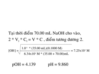 Taïi thôøi ñieåm 70.00 mL NaOH cho vaøo,
2 * V0 * C0 = V * C , ñieåm töông ñöông 2.
1.0-14
* (35.00 mL)(0.1000 M)
[OH-
] = -------------------------------------------- = 7.25x10-5
M
6.34x10-8
M * (35.00 + 70.00)mL
pOH = 4.139 pH = 9.860
 