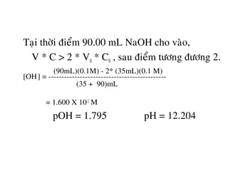 Taïi thôøi ñieåm 90.00 mL NaOH cho vaøo,
V * C > 2 * V0 * C0 , sau ñieåm töông ñöông 2.
(90mL)(0.1M) - 2* (35mL)(0.1 M)
[OH-
] = ---------------------------------------------
(35 + 90)mL
= 1.600 X 10-2
M
pOH = 1.795 pH = 12.204
 