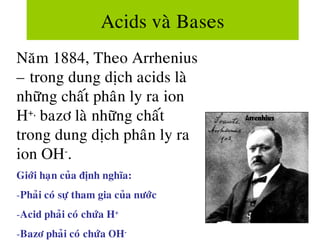 Acids vaø Bases
Naêm 1884, Theo Arrhenius
– trong dung dòch acids laø
nhöõng chaát phaân ly ra ion
H+,
bazô laø nhöõng chaát
trong dung dòch phaân ly ra
ion OH-
.
Giôùi haïn cuûa ñònh nghóa:
-Phaûi coù söï tham gia cuûa nöôùc
-Acid phaûi coù chöùa H+
-Bazô phaûi coù chöùa OH-
 