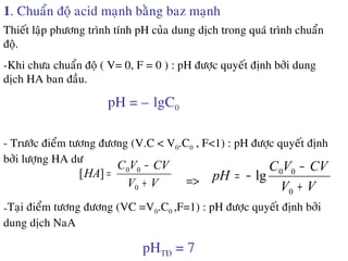 1. Chuaån ñoä acid maïnh baèng baz maïnh
Thieát laäp phöông trình tính pH cuûa dung dòch trong quaù trình chuaån
ñoä.
-Khi chöa chuaån ñoä ( V= 0, F = 0 ) : pH ñöôïc quyeát ñònh bôûi dung
dòch HA ban ñaàu.
pH = – lgC0
- Tröôùc ñieåm töông ñöông (V.C < V0.C0 , F<1) : pH ñöôïc quyeát ñònh
bôûi löôïng HA dö
VV
CVVC
HA
+
−
=
0
00
][
=>
VV
CVVC
pH
+
−
−=
0
00
lg
-Taïi ñieåm töông ñöông (VC =V0.C0 ,F=1) : pH ñöôïc quyeát ñònh bôûi
dung dòch NaA
pHTÑ = 7
 