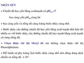 NHAÄN XEÙT
+ Chuaån ñoä baz yeáu baèng acidmaïnh coù pHTÑ <7
baz caøng yeáu pHTÑ caøng beù
+ baz caøng yeáu vaø noàng ñoä caøng loaõng buôùc nhaûy caøng nhoû.
+ Böôùc nhaûy cuûa ñöôøng chuaån ñoä baz yeáu baèng acid maïnh nhoû hôn raát
nhieàu so vôùi böôùc nhaûy cuûa ñöôøng chuaån ñoä baz maïnh baèng acid maïnh
coù cuøng noàng ñoä.
+ Choïn ñöôïc chæ thò Metyl ñoû maø khoâng choïn ñöôïc chæ thò
Phenolphtalein.
+ Ñeå traùnh söï pha loaõng laøm böôùc nhaûy caøng nhoû neân duøng dung dòch
chuaån coù noàng ñoä ≥ 10-2
 
