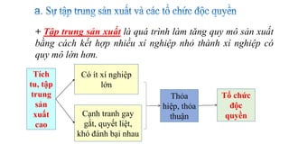 + Tập trung sản xuất là quá trình làm tăng quy mô sản xuất
bằng cách kết hợp nhiều xí nghiệp nhỏ thành xí nghiệp có
quy mô lớn hơn.
Tích
tu, tập
trung
sản
xuất
cao
Có ít xí nghiệp
lớn
Cạnh tranh gay
gắt, quyết liệt,
khó đánh bại nhau
Thỏa
hiệp, thỏa
thuận
Tổ chức
độc
quyền
 