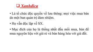  Xanhđica
• Là tổ chức độc quyền về lưu thông; mọi việc mua bán
do một ban quản trị đảm nhiệm.
• Họ vẫn độc lập về SX.
• Mục đích của họ là thống nhất đầu mối mua, bán để
mua nguyên liệu với giá rẻ và bán hàng hóa với giá đắt.
 