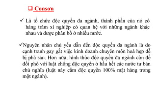  Consơn
 Là tổ chức độc quyền đa ngành, thành phần của nó có
hàng trăm xí nghiệp có quan hệ với những ngành khác
nhau và được phân bố ở nhiều nước.
Nguyên nhân chủ yếu dẫn đến độc quyền đa ngành là do
cạnh tranh gay gắt việc kinh doanh chuyên môn hoá hẹp dễ
bị phá sản. Hơn nữa, hình thức độc quyền đa ngành còn để
đối phó với luật chống độc quyền ở hầu hết các nước tư bản
chủ nghĩa (luật này cấm độc quyền 100% mặt hàng trong
một ngành).
 
