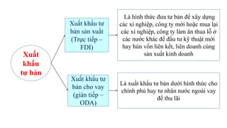Xuất
khẩu
tư bản
Xuất khẩu tư
bản sản xuất
(Trực tiếp –
FDI)
Xuất khẩu tư
bản cho vay
(gián tiếp –
ODA)
Là hình thức đưa tư bản để xây dựng
các xí nghiệp, công ty mới hoặc mua lại
các xí nghiệp, công ty làm ăn thua lỗ ở
các nước khác để đầu tư kỹ thuật mới
hay hùn vốn liên kết, liên doanh cùng
sản xuất kinh doanh
Là xuất khẩu tư bản dưới hình thức cho
chính phủ hay tư nhân nước ngoài vay
để thu lãi
 