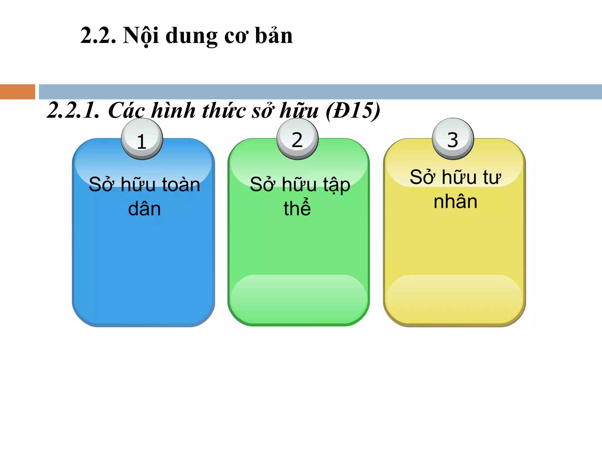 2.2. Nội dung cơ bản


2.2.1. Các hình thức sở hữu (Đ15)
        1               2              3

    Sở hữu toàn     Sở hữu tập      Sở hữu tư
        dân            thể            nhân
 
