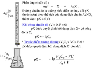 Phaûn öùng chuaån ñoä :
Ag+
+ X−
= AgX ↓
Ñöôøng chuaån ñoä laø ñöôøng bieåu dieãn söï thay ñoåi pX
(hoaëc pAg) theo theå tích cuûa dung dòch chuaån AgNO3
theâm vaøo : pX = f(V)
•Khi chöa chuaån ñoä (V = 0, F = 0)
• pX ñöôïc quyeát ñònh bôûi dung dòch X− coù noàng
ñoä laø C0
pX = − lgC0.
* Tröôùc ñieåm töông ñöông (V0
C0
> VC), F<1 :
pX ñöôïc quyeát ñònh bôûi dung dòch X−
coøn dö :
VV
VCCV
+
−
−
0
00
lgpX =
 