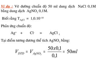 Ví duï : Veõ ñöôøng chuaån ñoä 50 ml dung dòch NaCl 0,1M
baèng dung dòch AgNO3 0,1M.
Bieát raèng TAgCl = 1,0.10−10
Phaûn öùng chuaån ñoä:
Ag+
+ Cl-
= AgCl ↓
Taïi ñieåm töông ñöông theå tích AgNO3 baèng:
ml
x
VV AgNODTD 50
1,0
1,050
3
===
 