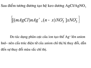 Sau ñieåm töông ñöông taïo heä keo döông AgCl/AgNO3
{ }−−+
− 33 ])(,)[( xNONOxnnAgmAgCl
Do taùc duïng phaân cöïc cuûa ion taïo theá Ag+
leân anion
Ind− neân caáu truùc ñieän töû cuûa anion chæ thò bò thay ñoåi, daãn
ñeán söï thay ñoåi maøu saéc chæ thò.
 