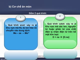 b) Cơ chế ăn mòn 
1 
- Quá trình anot: xảy ra ở 
khu vực mà KL bị ion hóa và 
chuyển vào dung dịch: 
Me – ze → Mez+ 
www.themegallery.com Company Logo 
2 
- Quá trình catot: xảy ra ở 
khu vực mà các ion, nguyên 
tử hoặc phân tử của chất 
điện ly nhận điện tử trên bề 
mặt kim loại: 
D + ne  [D.ne] 
Gồm 2 quá trình: 
 