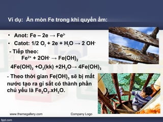 Ví dụ: Ăn mòn Fe trong khí quyển ẩm: 
• Anot: Fe – 2e → Fe2+ 
• Catot: 1/2 O2 + 2e + H2O → 2 OH– 
- T i ế p theo: 
Fe2+ + 2OH- → Fe(OH)2 
4Fe(OH)2 +O2(kk) +2H2O→ 4Fe(OH)3 
- Theo thời gian Fe(OH)3 sẽ bị mất 
nước tạo ra gỉ sắt có thành phần 
chủ yếu là Fe2O3.xH2O. 
www.themegallery.com Company Logo 
 