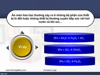 Ăn mòn hóa học thường xảy ra ở những bộ phận của thiết 
bị lò đốt hoặc những thiết bị thường xuyên tiếp xúc với hơi 
3Fe + 4H2O  Fe3O4 + 4H2 
www.themegallery.com Company Logo 
2Fe + 3Cl2  2FeCl3 
3Fe + 2O2  Fe3O4 
Ví dụ 
nước và khí oxi… 
 