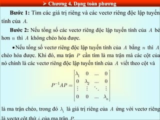  Chƣơng 4. Dạng toàn phƣơng
Bƣớc 1: Tìm các giá trị riêng và các vectơ riêng độc lập tuyến
tính của .
A
Bƣớc 2: Nếu tổng số các vectơ riêng độc lập tuyến tính của A bé
hơn n thì A không chéo hóa được.
Nếu tổng số vectơ riêng độc lập tuyến tính của A bằng n thì A
chéo hóa được. Khi đó, ma trận P cần tìm là ma trận mà các cột của
nó chính là các vectơ riêng độc lập tuyến tính của A viết theo cột và
1
1 2
0 ... 0
0 ... 0
0 0 ... n
P AP
là ma trận chéo, trong đó i là giá trị riêng của A ứng với vectơ riêng
 