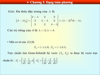  Chƣơng 5. Dạng toàn phƣơng
Giải. Đa thức đặc trưng của A là
2
3
4 2 2
2 4 2 ( 2) (8 ).
2 2 4
A I
Các trị riêng của A là 2, 8.
+ Một cơ sở của (2)
E là
1 2
( 1,1,0), ( 1,0,1).
X X
Trực chuẩn hóa Gram-Schmidt hệ vectơ 1 2
{ , }
X X ta được hệ vectơ trực
chuẩn là : 1 2
1 1 1 1 2
, ,0 , , , .
2 2 6 6 6
X X
 
