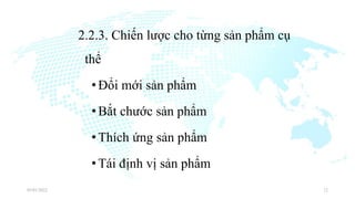 2.2.3. Chiến lược cho từng sản phẩm cụ
thể
•Đổi mới sản phẩm
•Bắt chước sản phẩm
•Thích ứng sản phẩm
•Tái định vị sản phẩm
03/01/2022 12
 