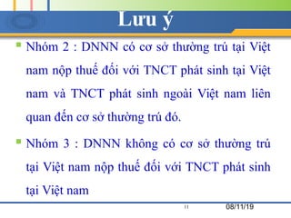 Lưu ý
 Nhóm 2 : DNNN có cơ sở thường trú tại Việt
nam nộp thuế đối với TNCT phát sinh tại Việt
nam và TNCT phát sinh ngoà...