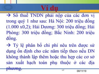 Ví dụ
 Số thuế TNDN phải nộp của các đơn vị
trong quý 1 như sau: Hà Nội: 200 triệu đồng
(1.000 x0,2); Hải Dương: 300 triệ...