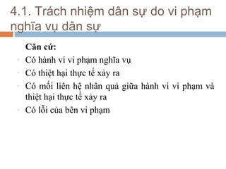 4.1. Trách nhiệm dân sự do vi phạm
nghĩa vụ dân sự
     Căn cứ:
 -   Có hành vi vi phạm nghĩa vụ
 -   Có thiệt hại thực tế xảy ra
 -   Có mối liên hệ nhân quả giữa hành vi vi phạm và
     thiệt hại thực tế xảy ra
 -   Có lỗi của bên vi phạm
 