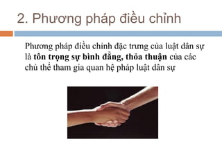 2. Phương pháp điều chỉnh
 Phương pháp điều chỉnh đặc trưng của luật dân sự
 là tôn trọng sự bình đẳng, thỏa thuận của các
 chủ thể tham gia quan hệ pháp luật dân sự
 
