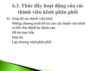 b) Giúp đỡ các thành viên kênh
Những chương trình hỗ trợ cho các thành viên kênh
có thể chia thành ba nhóm sau:
- Hỗ trợ trực tiếp
- Hợp tác
- Lập chương trình phân phối
 