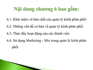 6.1. Khái niệm và bản chất của quản lý kênh phân phối
6.2. Những vấn đề cơ bản về quản lý kênh phân phối
6.3. Thúc đẩy hoạt động của các thành viên
6.4. Sử dụng Marketing - Mix trong quản lý kênh phân
phối
 