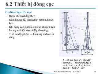 Giá búa chạy trên ray:
 Được chế tạo bằng thép
 Gồm khung đế, thanh định hướng, hệ tời
kéo.
 Khi đóng cọc giá búa được di chuyển trên
hai ray nhờ tời kéo và đẩy thủ công.
 Tính cơ động kém → hiện nay ít được sử
dụng.
5/29/2014 13
1 – bệ giá búa; 2 – cần dẫn
hướng; 3 – khung giằng; 4
– cáp treo cọc; 5 – cáp treo
búa; 6 – búa; 7 – Tời
Pham Nguyen Van Phuong
 