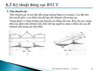 3. Vận chuyển cọc
 Vận chuyển cọc từ nơi đúc đến công trường bằng xe rơ-moóc. Cọc đặt trên
hai con kê gỗ ở vị trí điểm cẩu để hạn chế mômen uốn trong cọc
 Trong phạm vi công trường vận chuyển cọc bằng cần trục. Khi cẩu cọc, trong
thân cọc phát sinh mômen uốn. Khi chế tạo người ta chọn 2 điểm cẩu cọc để
mômen uốn trong cọc nhỏ nhất.
5/29/2014 28Pham Nguyen Van Phuong
 