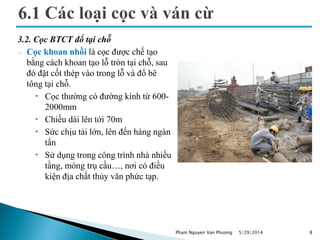 3.2. Cọc BTCT đổ tại chỗ
 Cọc khoan nhồi là cọc được chế tạo
bằng cách khoan tạo lỗ tròn tại chỗ, sau
đó đặt cốt thép vào trong lỗ và đổ bê
tông tại chỗ.
 Cọc thường có đường kính từ 600-
2000mm
 Chiều dài lên tới 70m
 Sức chịu tải lớn, lên đến hàng ngàn
tấn
 Sử dụng trong công trình nhà nhiều
tầng, móng trụ cầu…, nơi có điều
kiện địa chất thủy văn phức tạp.
5/29/2014 8Pham Nguyen Van Phuong
 